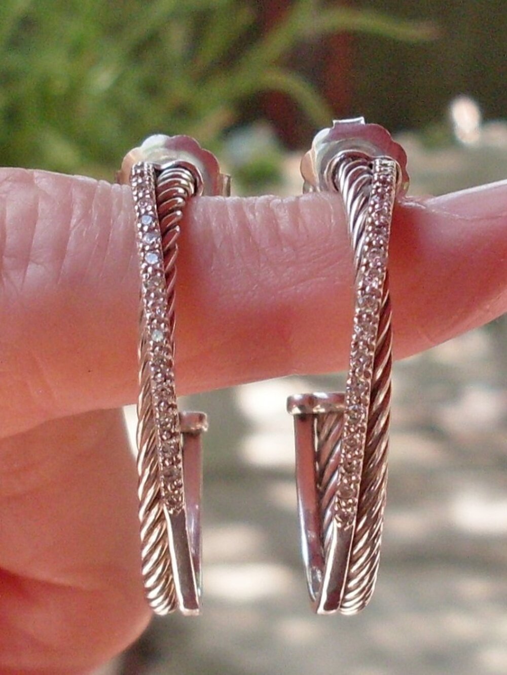 Retired - David Yurman Diamond Crossover Hoop Earrings - 1.5 inches - DY Backs